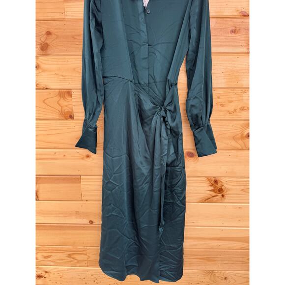 SIMKHAI Jonathon Simkhai Samba Wrap-effect Satin Midi Shirt Dress in Emerald 2 - Picture 5 of 7